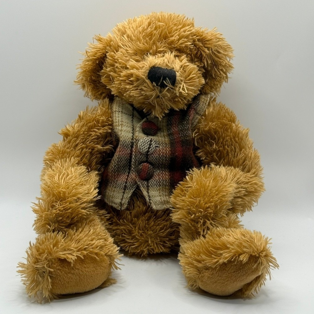 Avon Canada Vintage Shaggy Brown Teddy Bear Plaid Vest Plush Stuffed Animal READ